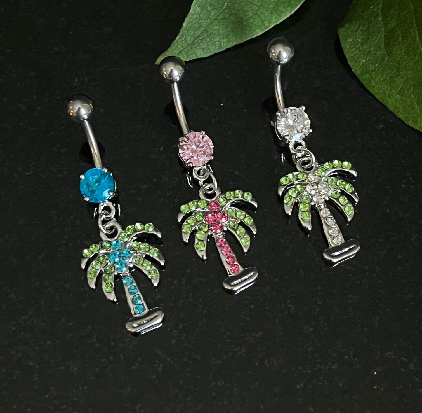 1 Piece Beautiful Palm Tree CZ Gem Navel / Naval Belly Ring - 14g - 10mm - Clear, Pink & Aqua Available!