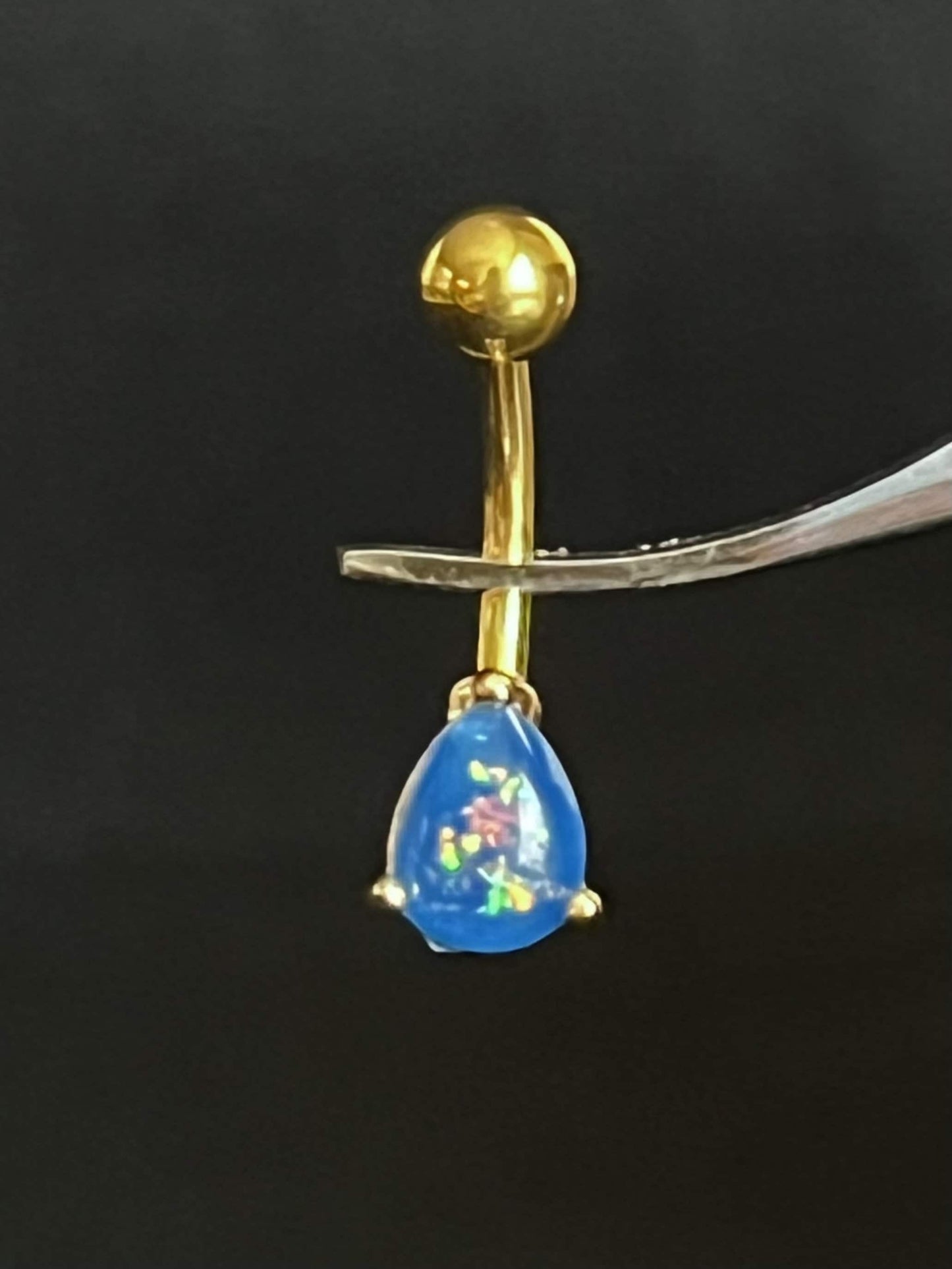 1 Piece Solitaire Tear Drop Opal Glitter Gem Navel/Naval Belly Ring - 14g -Available in Gold or Rose Gold in Blue, Pink, White & Dark Green!