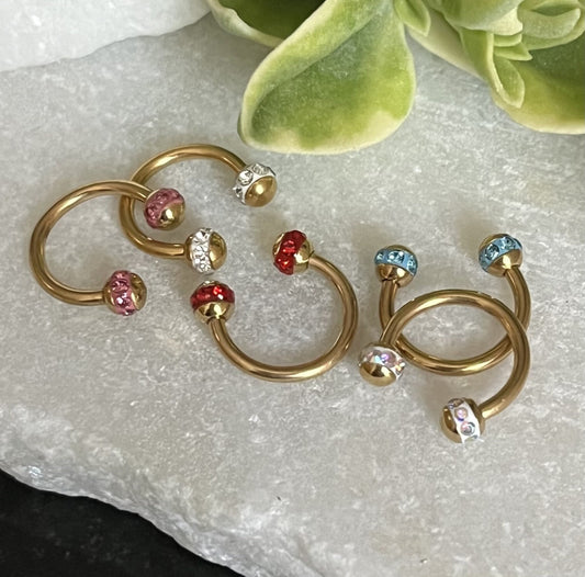 1 Piece Stunning Crystal Paved Gold Circular Horseshoe Septum Ring - 16g, 8mm - Aurora Borealis, Clear, Pink, Aqua or Red Available!