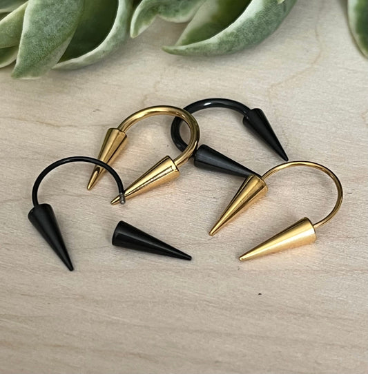 1pc of Unusual Long Spiked Circular Surgical Steel Barbell Horseshoe Ring - Gauges 14g, 16g, 18g or 20g in Black or Gold Available!