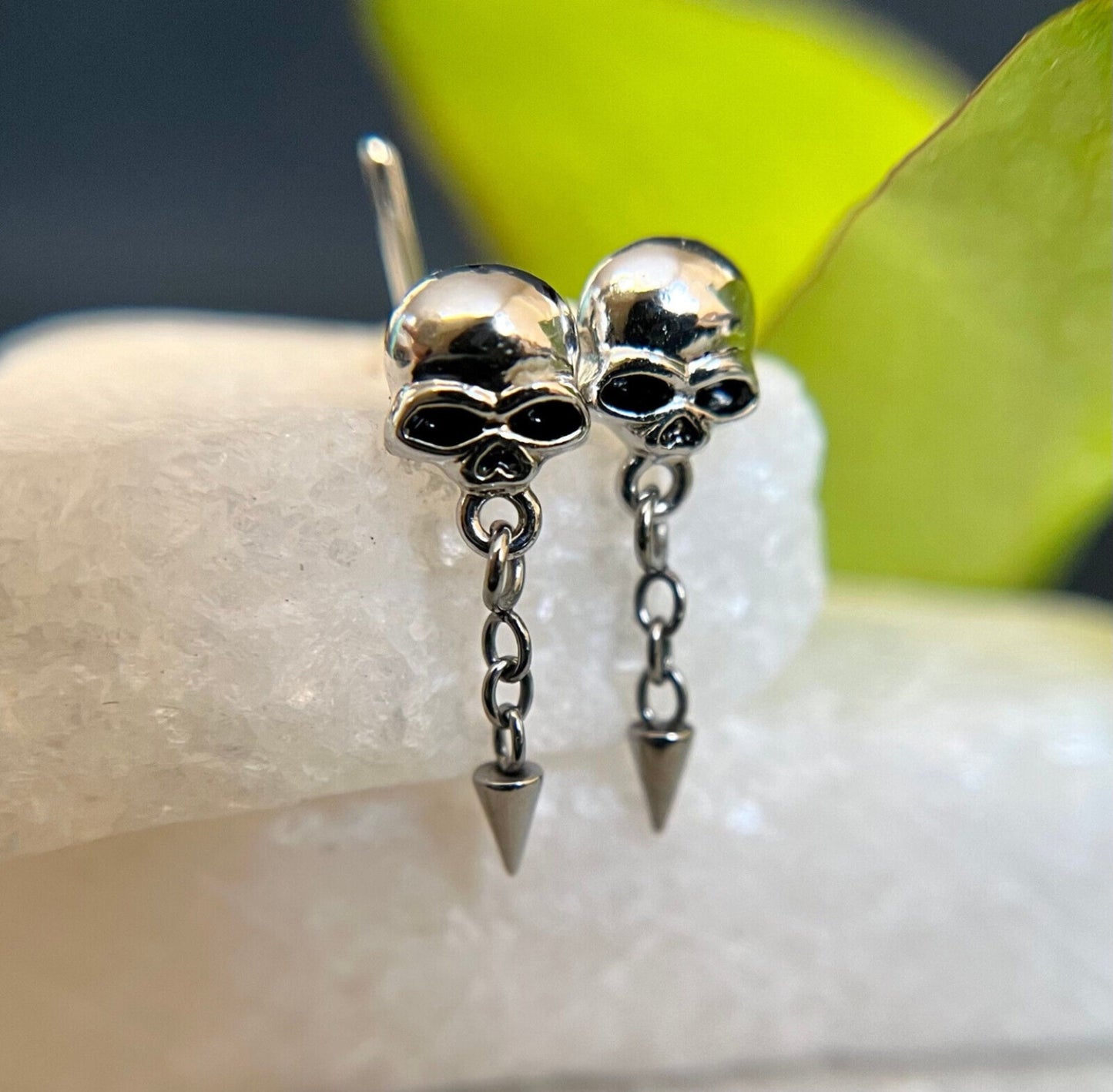 1 Piece Unique Skull with Chain Spike Dangle Nose L-Bend or Nose Stud - 20g - 6mm Wearable Length!
