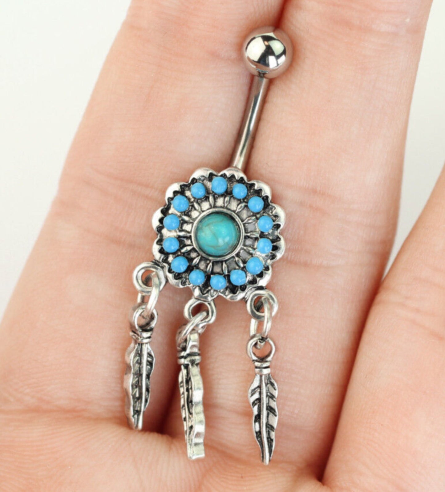 1 Piece Unusual Turquoise Paved Dreamcatcher Stone Surgical Steel Navel / Naval Belly Ring!