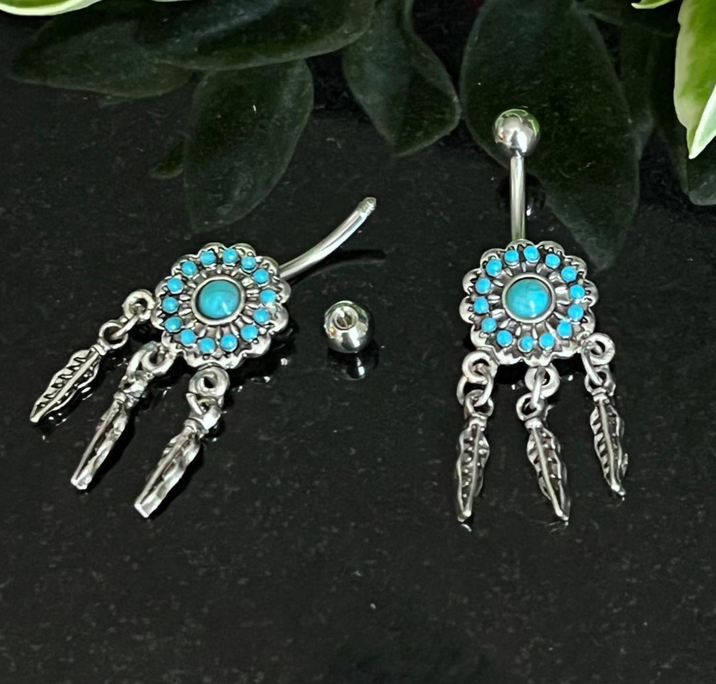 1 Piece Unusual Turquoise Paved Dreamcatcher Stone Surgical Steel Navel / Naval Belly Ring!