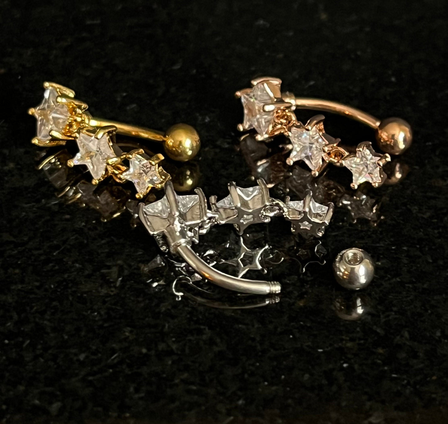 1 Piece Stunning Star CZ Gem Stars Top Drop Dangle Reverse Navel/Naval Belly Ring- 14g - 10mm - Silver, Gold & Rose Gold Available!