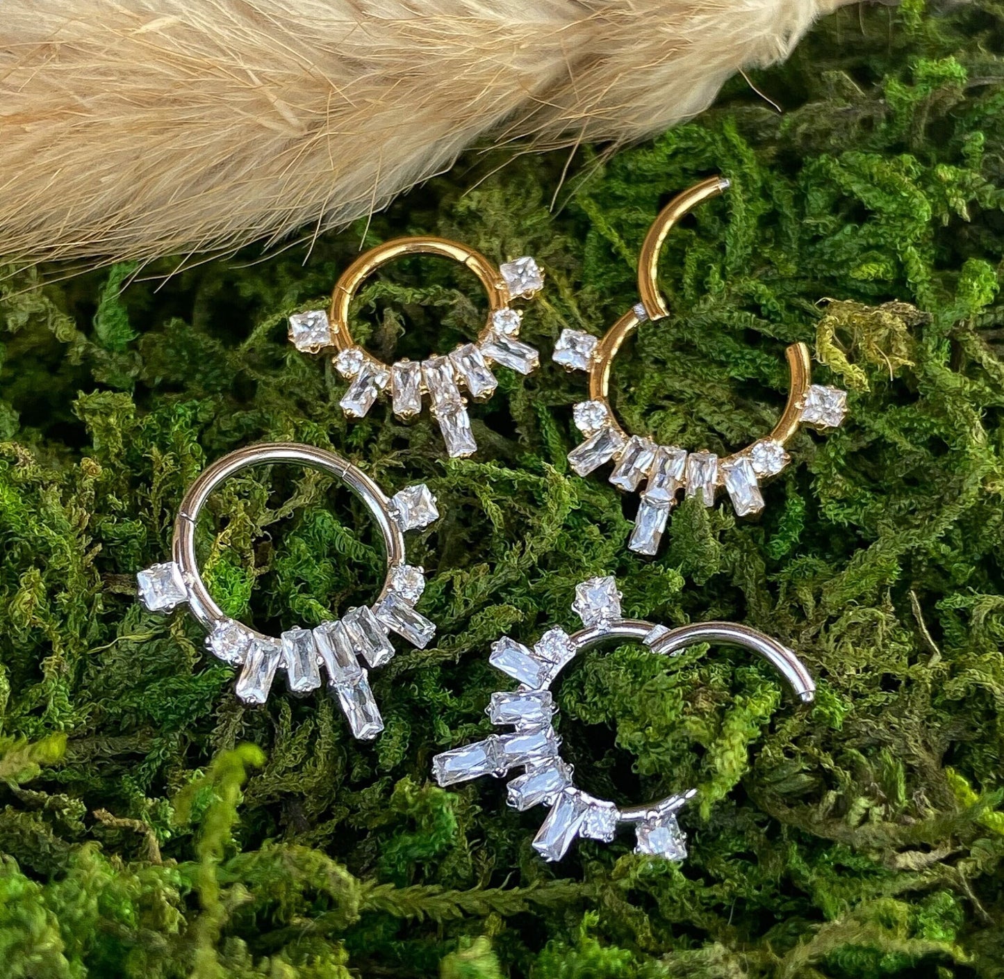 1 Piece Stunning Baguette CZ Gems Fan Hinged Segment Septum Ring - 16g - 10mm & 8mm - Gold and Silver Available!