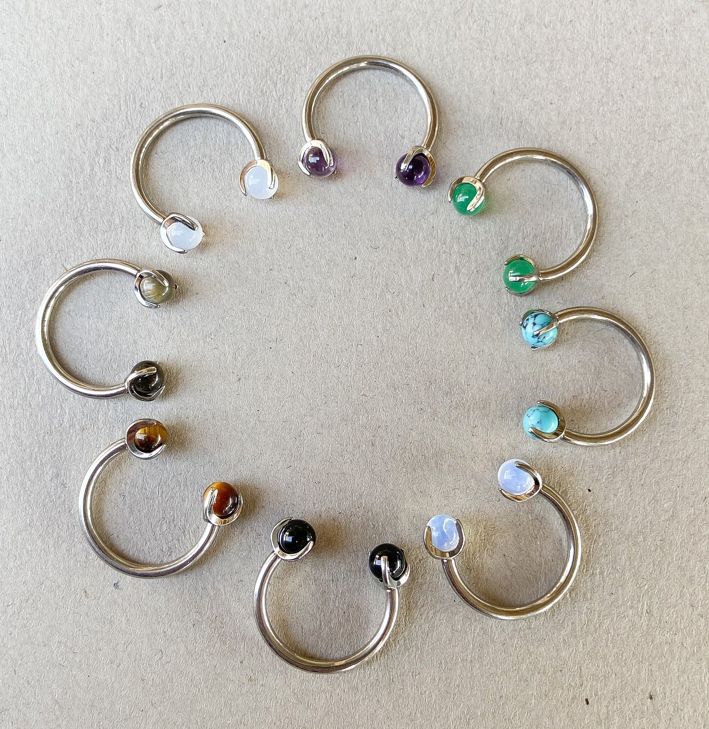 1 Piece Solid Titanium Stone Septum Ring -in Amethyst, Black Onyx, Green Aventurine, Obsidian, Opalite, Pink Opalite, Tiger Eye & Turquoise!