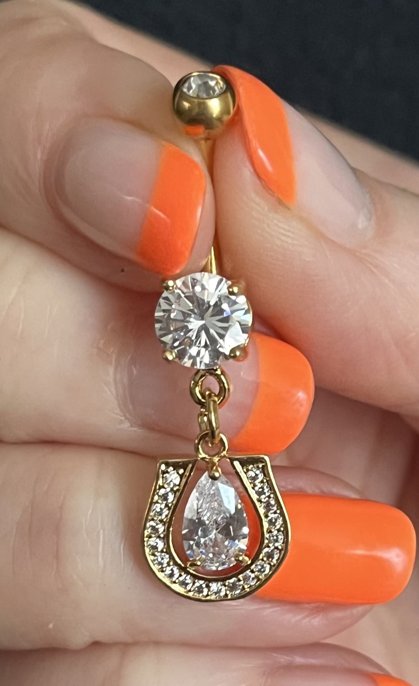 1 Piece Stunning CZ Gem Paved Horse Shoe W/ Teardrop Gem 316L Surgical Steel Navel / Naval Belly Ring!