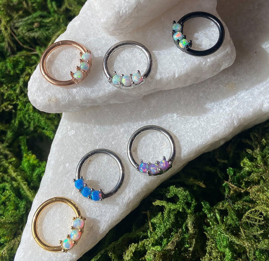 1 Piece Beautiful Three Opals 316L Surgical Steel Hinged Segment Ring - Back, Blue Gold, Purple, Rainbow, Rose Gold and White Available!
