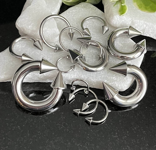 1 Piece Surgical Steel Circular Horseshoe Barbell with Spikes Ring - 18G thru 2g with Assorted Internal Diameter and Spike Size!!