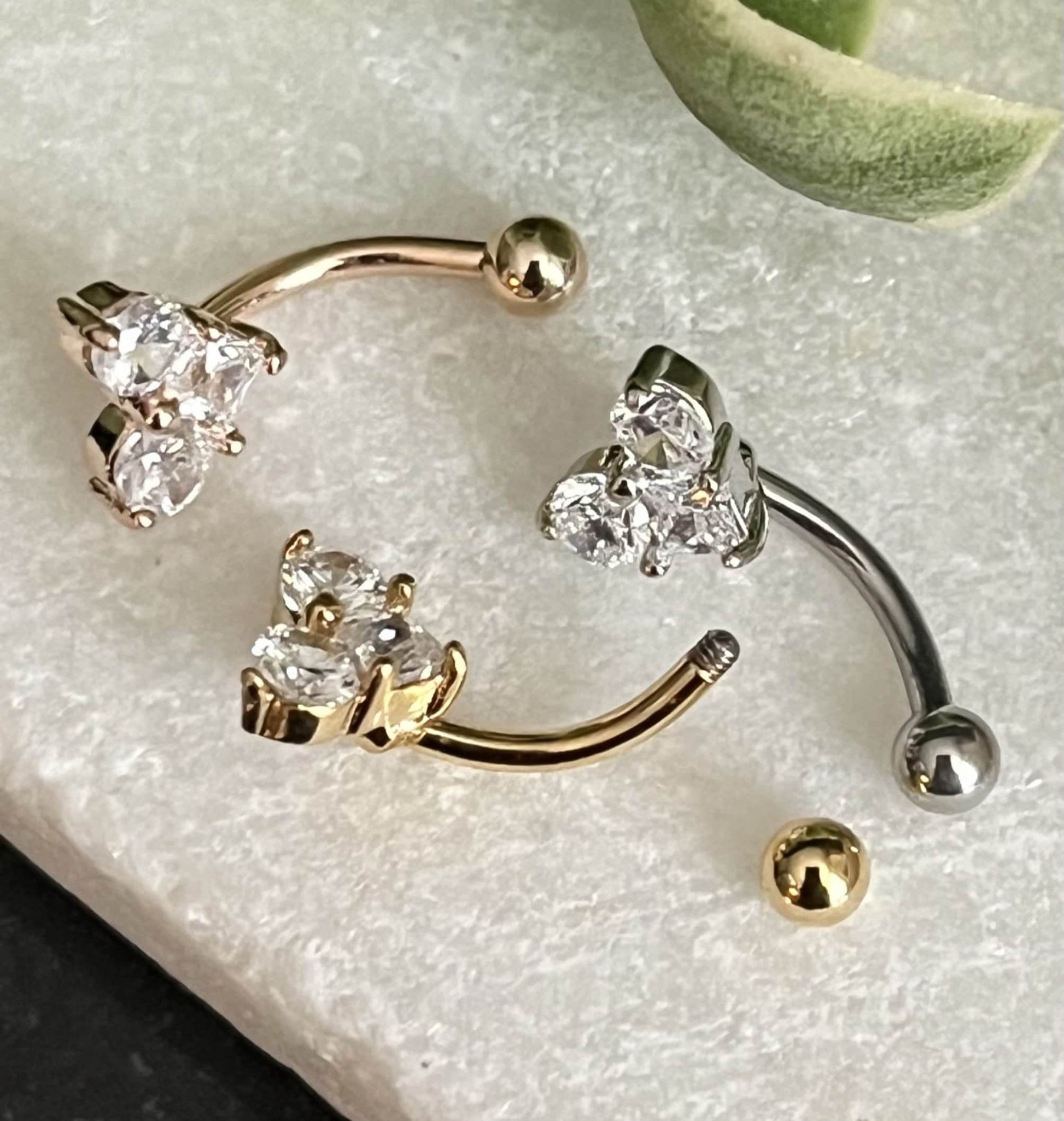 1 Brilliant Three CZ Gem Heart Eyebrow Ring with Curved Barbell - 16g (1.2mm), length 5/16" (8mm) - Silver, Gold or Rose Gold available!