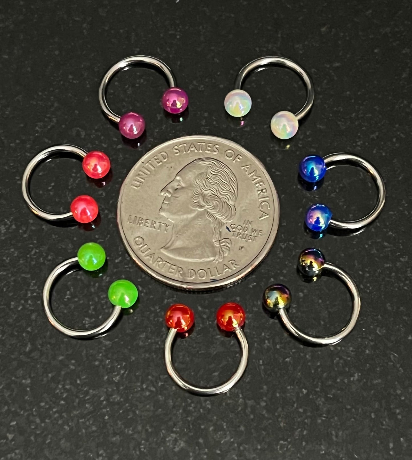 PAIR of Stunning Aurora Borealis Coated Circular Barbell Horseshoe Septum Ring - 16g - 8mm - A Variety of Colors Available!