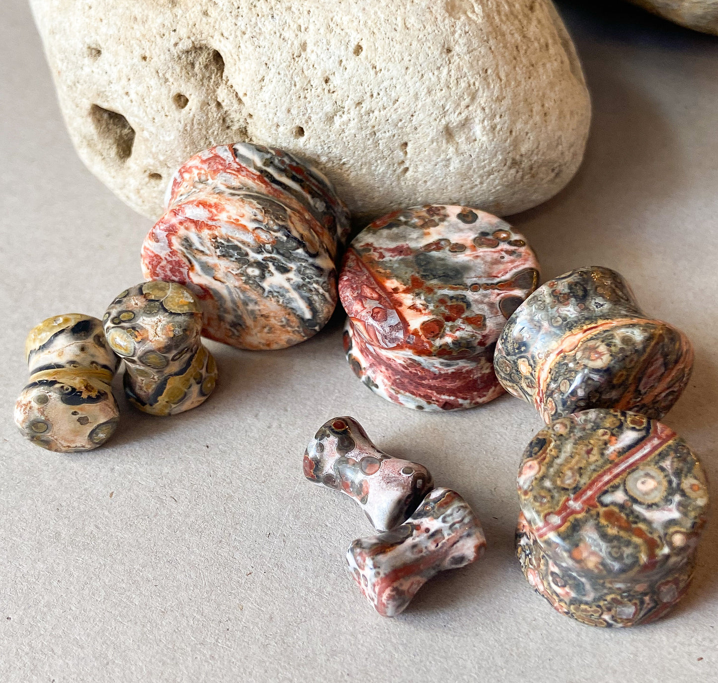 PAIR of Unique Natural Leopard Jasper Stone Double Flare Organic Plugs - Gauge 4g (5mm) thru 3/4" (19mm) Available!
