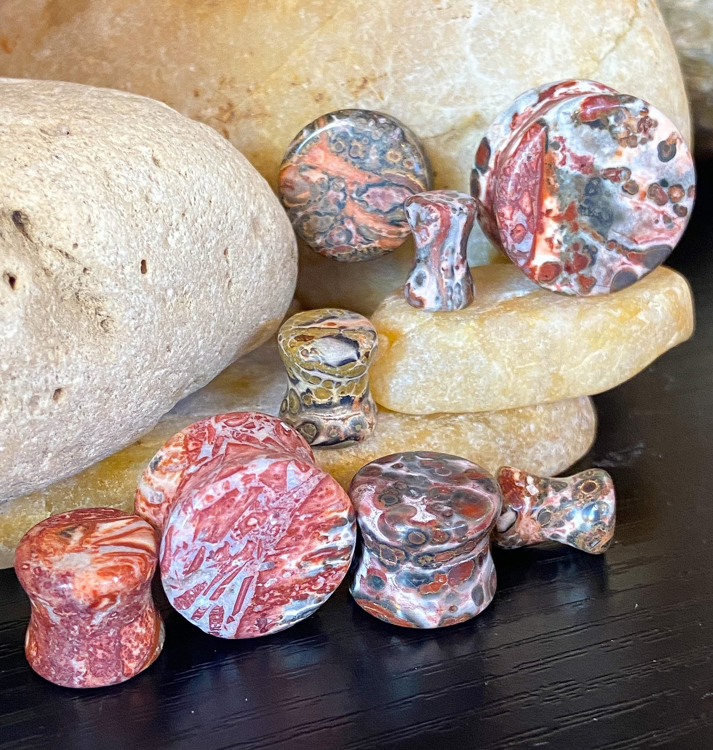 PAIR of Unique Natural Leopard Jasper Stone Double Flare Organic Plugs - Gauge 4g (5mm) thru 3/4" (19mm) Available!