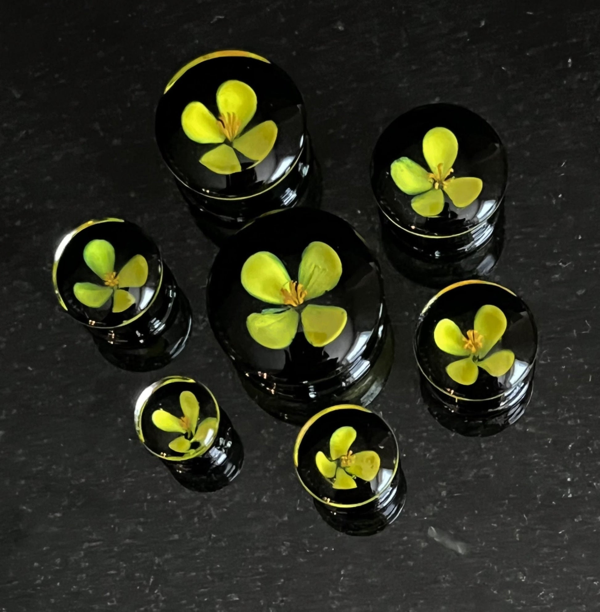 PAIR of Unique Floating Flower Black Pyrex Glass Double Flare Plugs- Gauges 0g (8mm) thru 3/4" (19mm)- White, Red, Yellow & Teal Available!