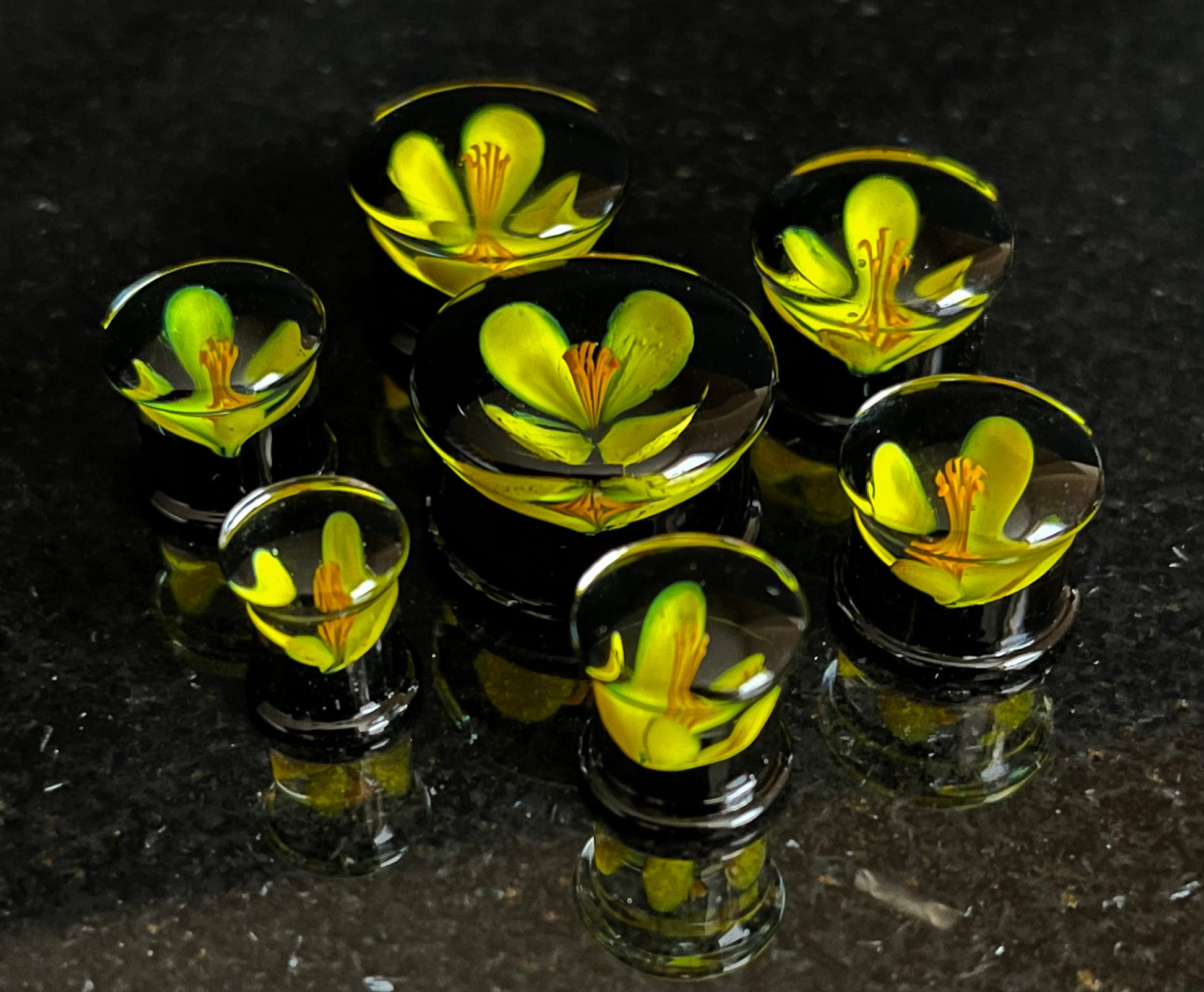 PAIR of Unique Floating Flower Black Pyrex Glass Double Flare Plugs- Gauges 0g (8mm) thru 3/4" (19mm)- White, Red, Yellow & Teal Available!