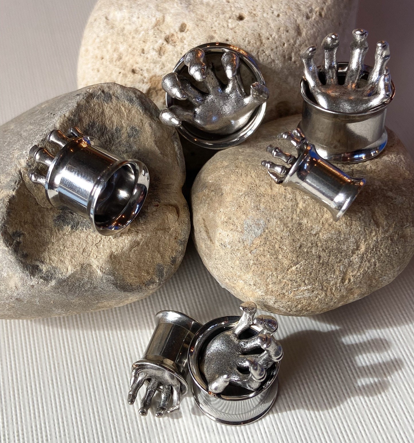 PAIR of Scary Skeleton Hand Steel Double Flare Gothic Claw Tunnels / Plugs - Gauges 2g (6mm) thru 5/8" (16mm) available!