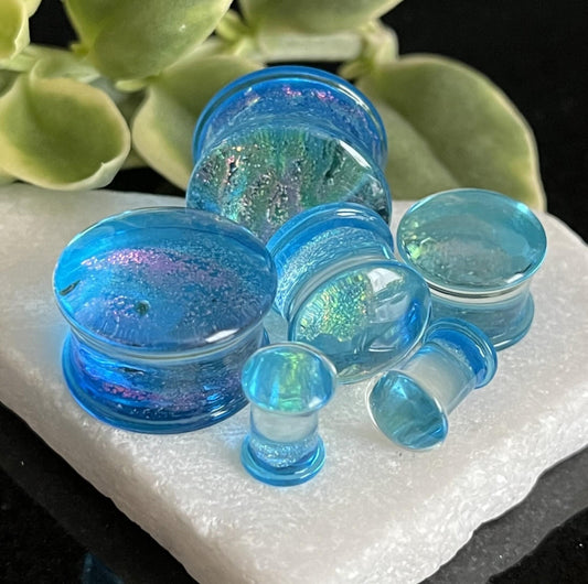 PAIR of Beautiful Light Blue Dichroic Glass Double Flare Plugs - Gauges 2g (6mm) through 3/4" (19mm) available!