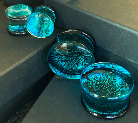PAIR of Beautiful Aqua & Black Fracture Design Glass Double Flare Plugs - Gauges 2g (6mm) through 3/4" (19mm) available!