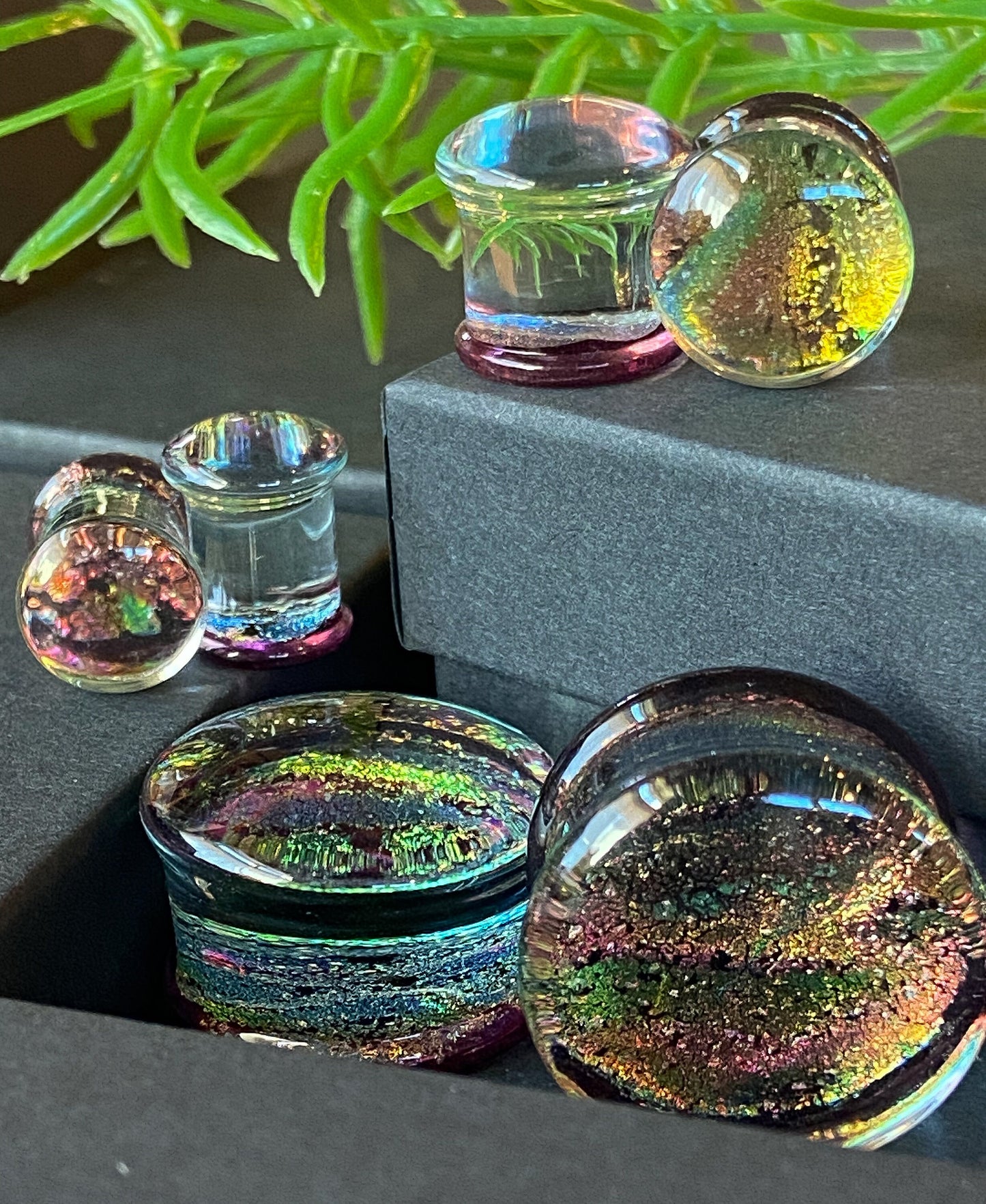 PAIR of Unique Purple Dichroic Glass Double Flare Plugs - Gauges 2g (6mm) through 3/4" (19mm) available!