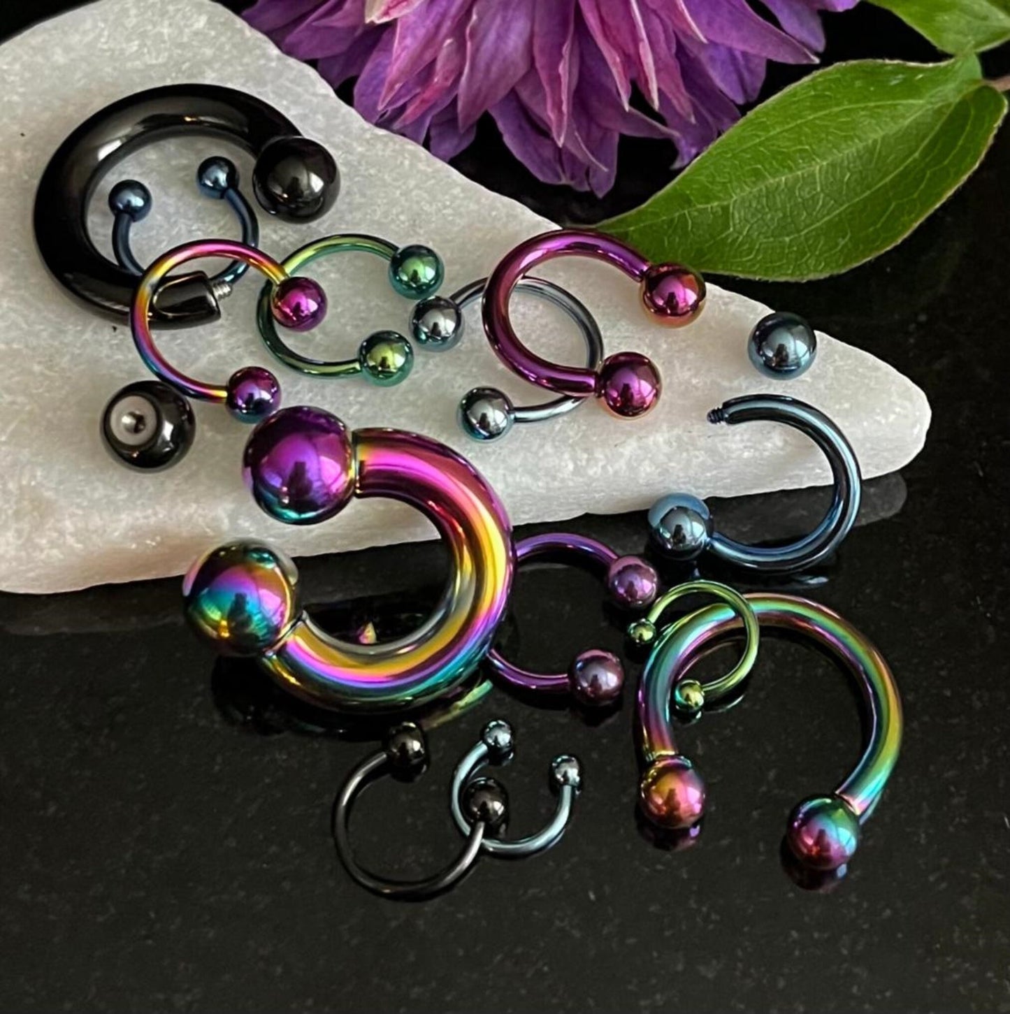 PAIR of Unique Rainbow Titanium Anodized Circular Barbell Horseshoe Ring - 18g thru 2g and Assorted Ball Size!!