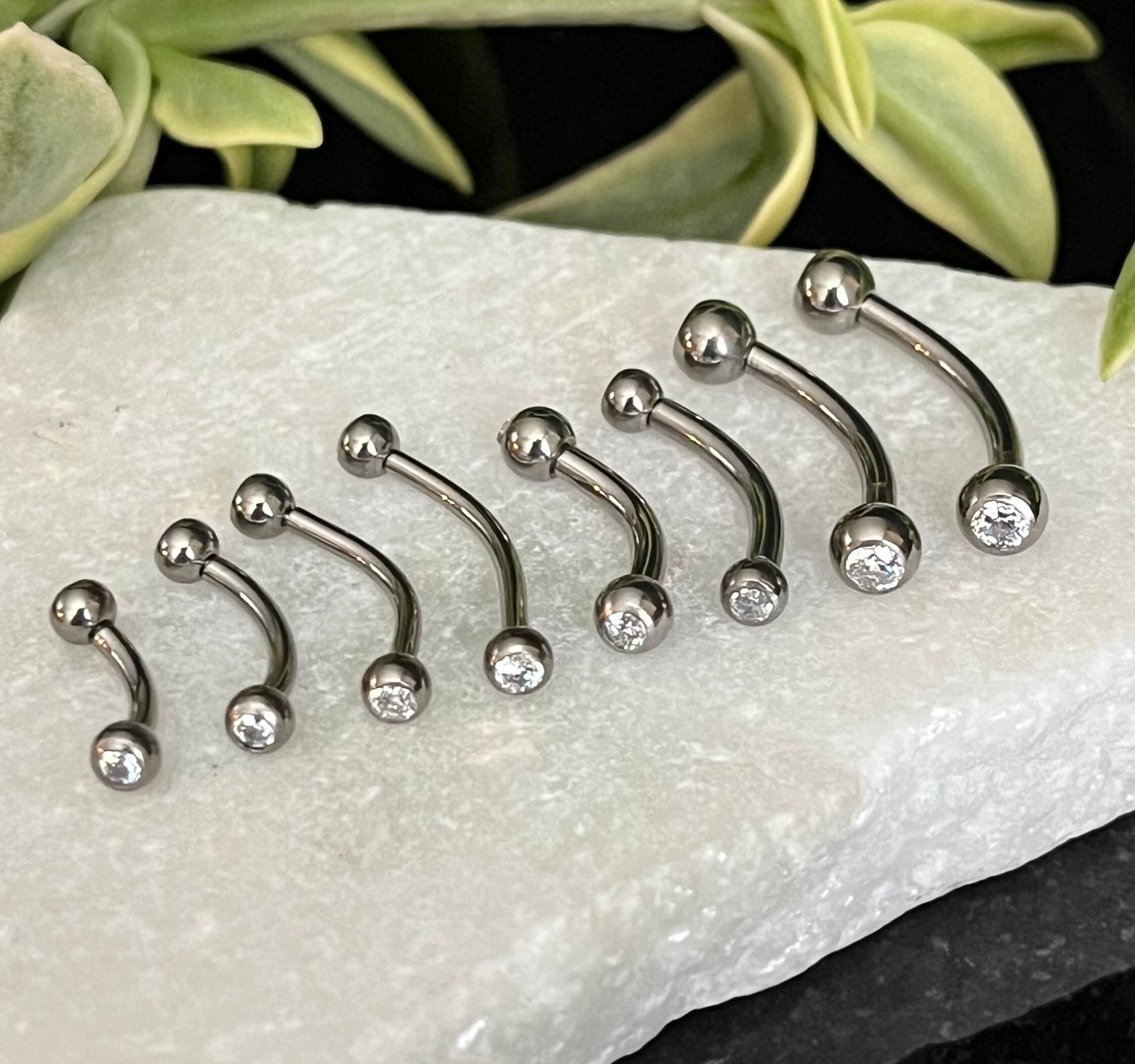 1 Piece Gemmed Internally Threaded G23 Solid Titanium Curved Barbell Eyebrow Ring - 16g or 14g - 6mm, 8mm, 10mm, 11mm & 12mm Available !