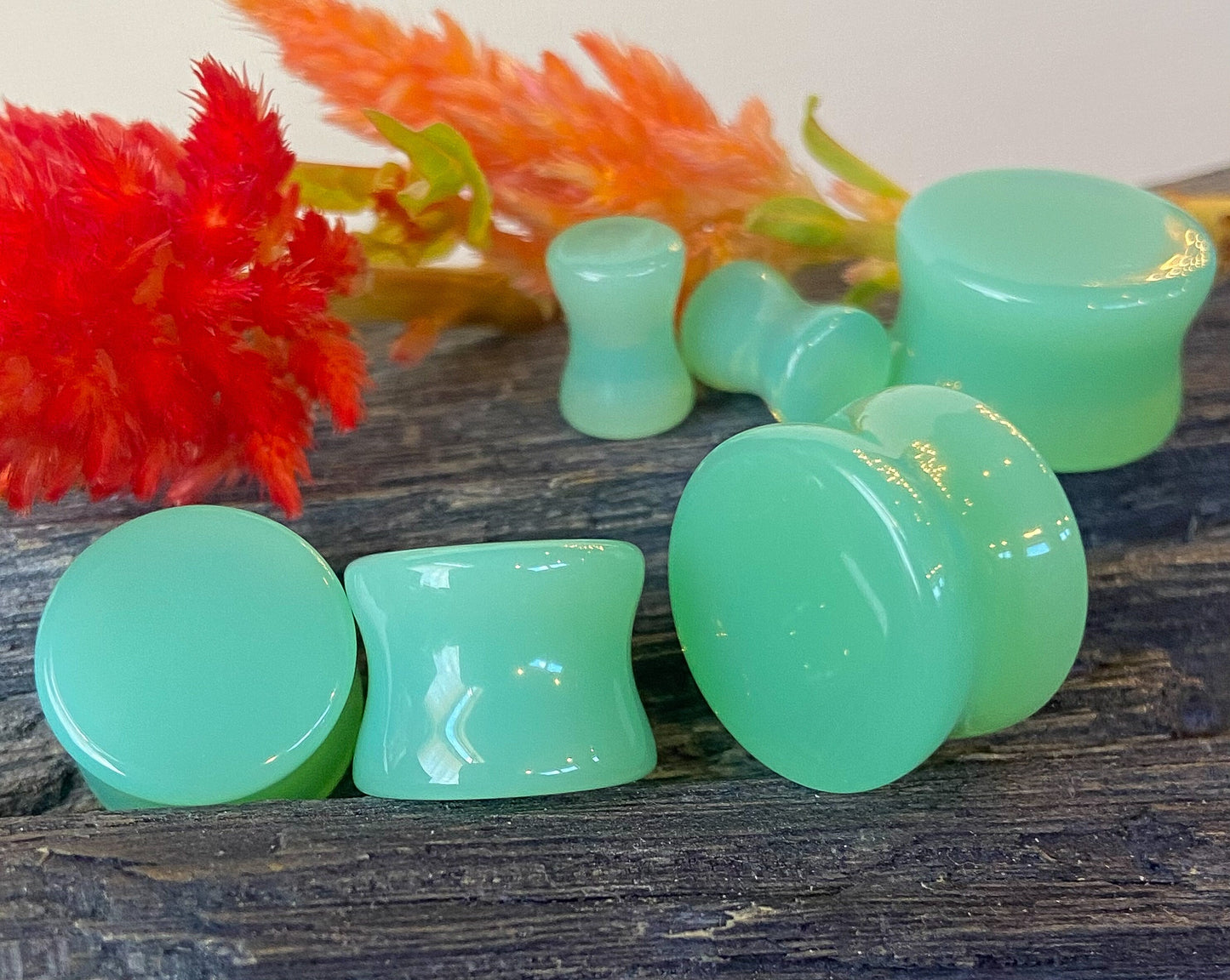 PAIR of Stunning Green Opalite Double Flare Saddle Plugs/Tunnels - Gauges 2g (6mm) thru 5/8" (16mm) available!