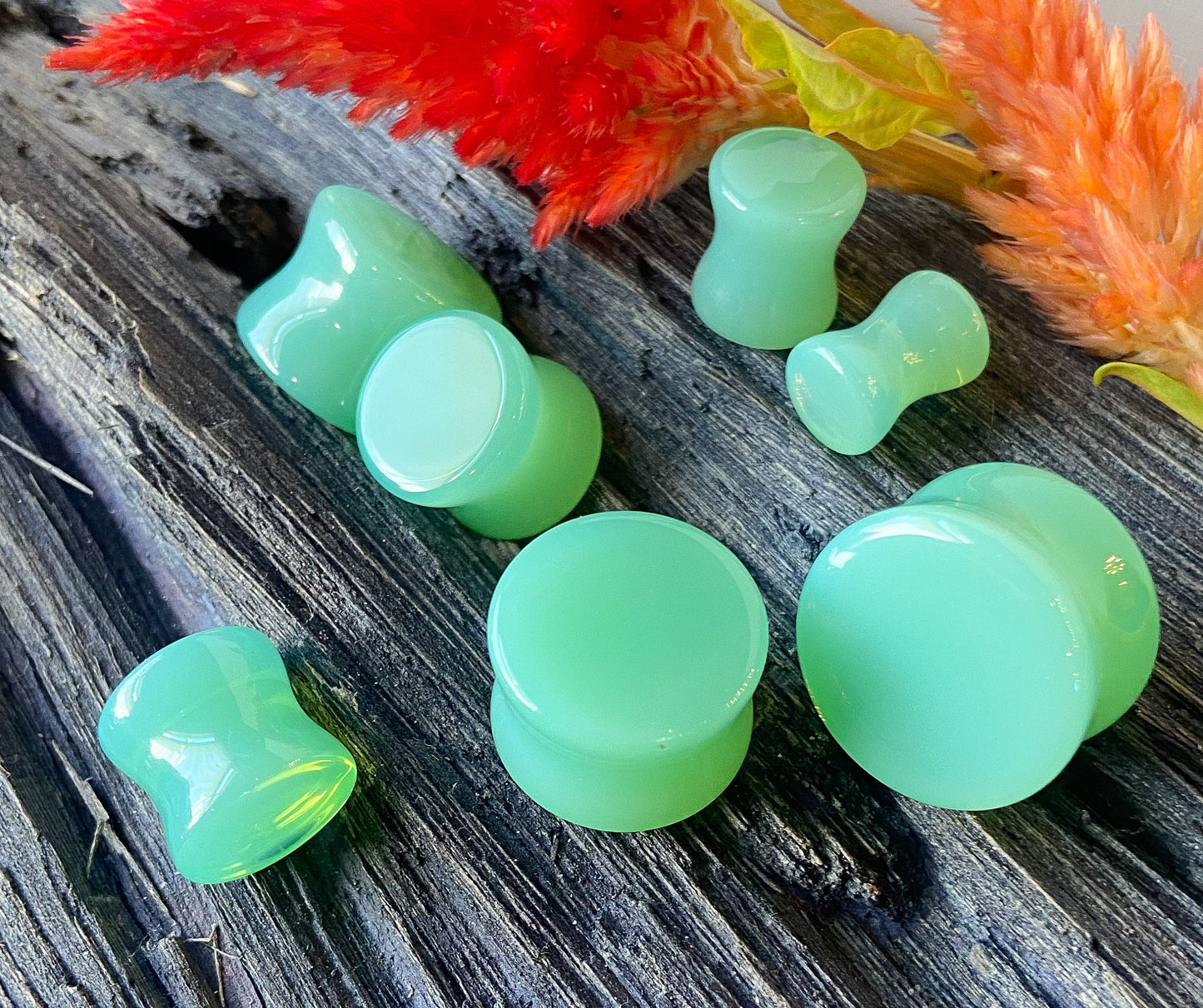 PAIR of Stunning Green Opalite Double Flare Saddle Plugs/Tunnels - Gauges 2g (6mm) thru 5/8" (16mm) available!