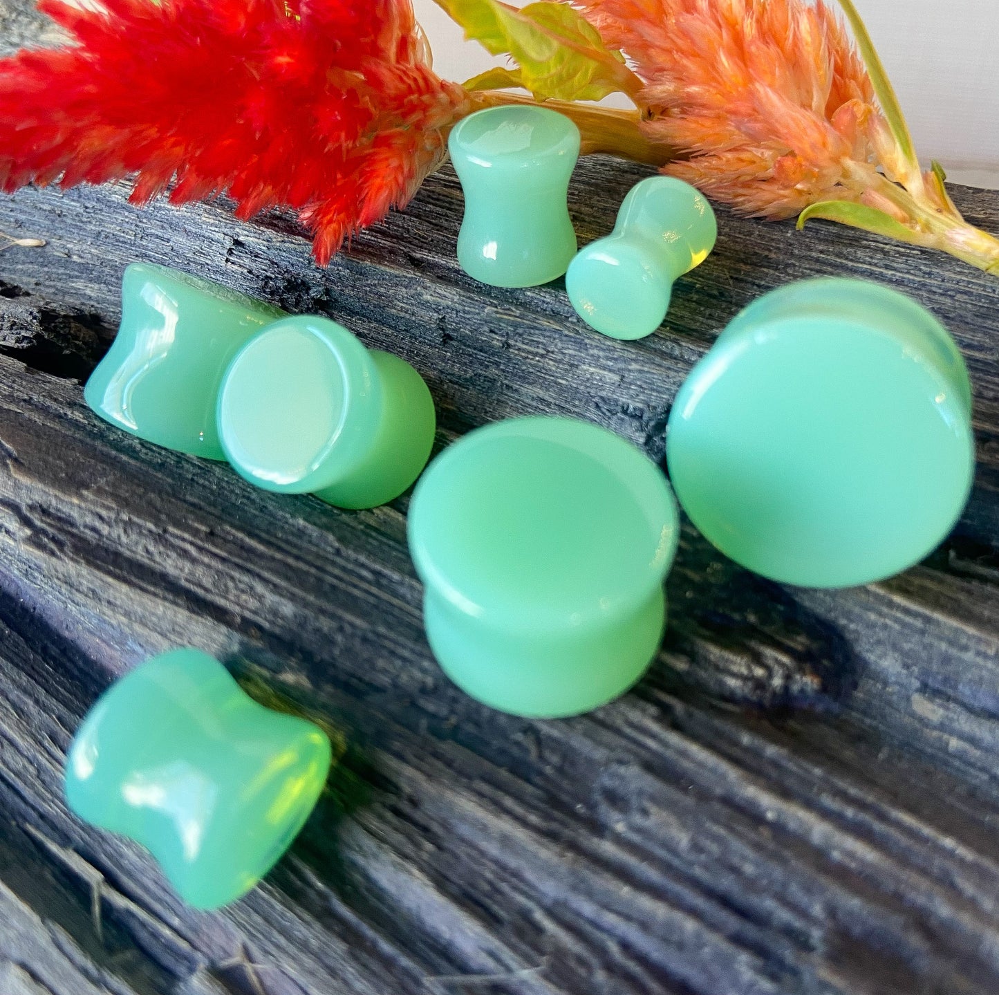 PAIR of Stunning Green Opalite Double Flare Saddle Plugs/Tunnels - Gauges 2g (6mm) thru 5/8" (16mm) available!