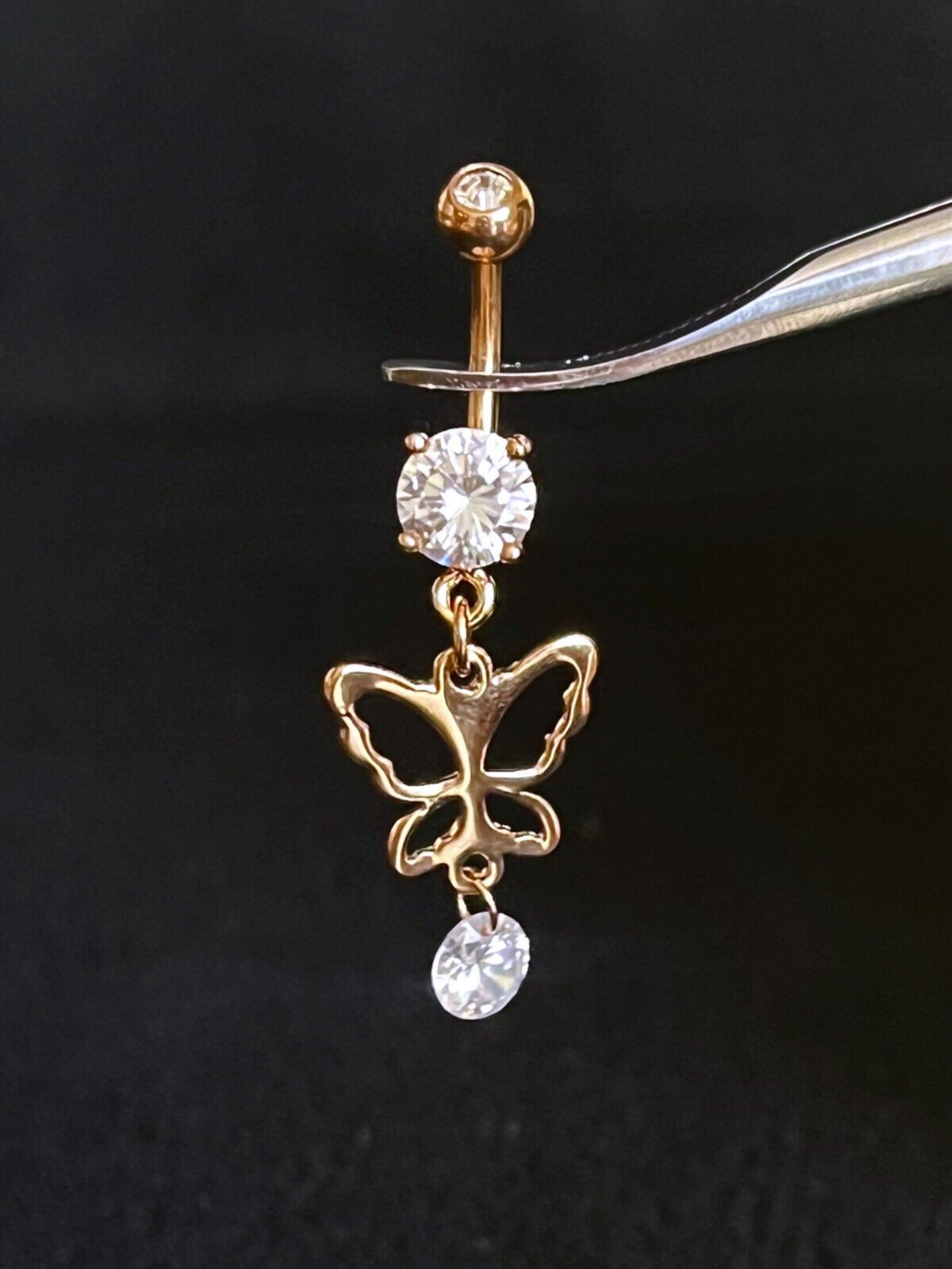 1 Piece Stunning Hollow Butterfly CZ Gem Dangle Navel / Naval Belly Ring - 14g - 10mm- Silver and Gold Available!