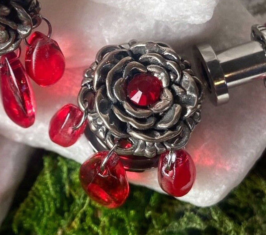 PAIR of Stunning Gem Centered Flower with Red Glass Dangles Screw Fit Plugs/Tunnels - Gauges 2g (6mm) thru 5/8" (16mm) available!