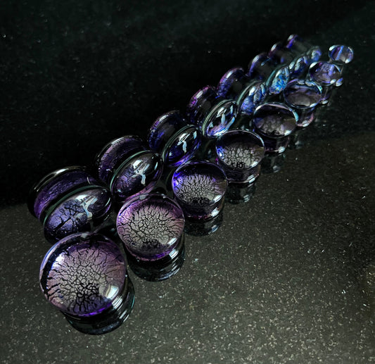 PAIR of Stunning Purple & Black Fracture Design Glass Double Flare Plugs - Gauges 2g (6mm) through 3/4" (19mm) available!