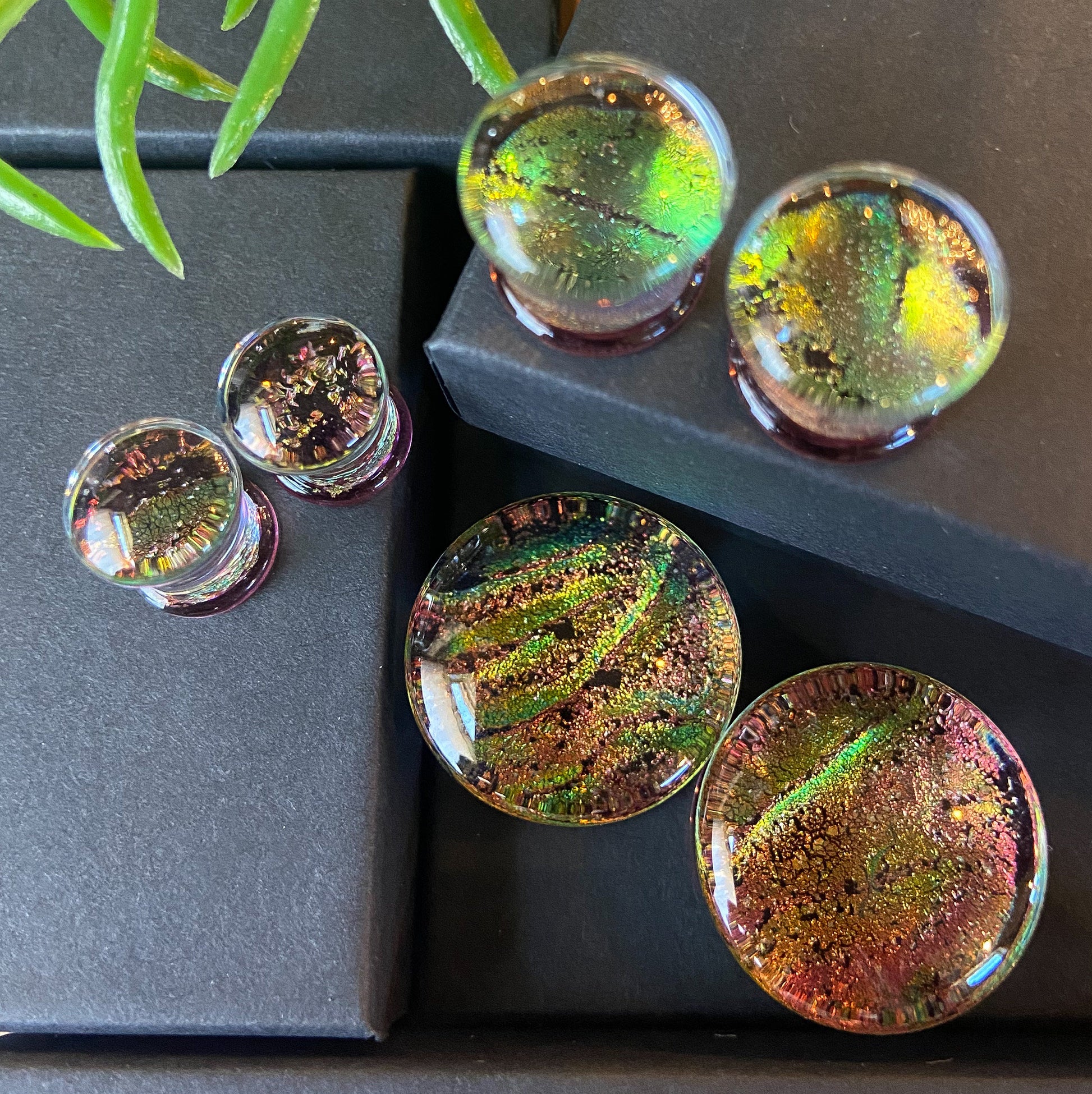 PAIR of Unique Purple Dichroic Glass Double Flare Plugs - Gauges 2g (6mm) through 3/4" (19mm) available!