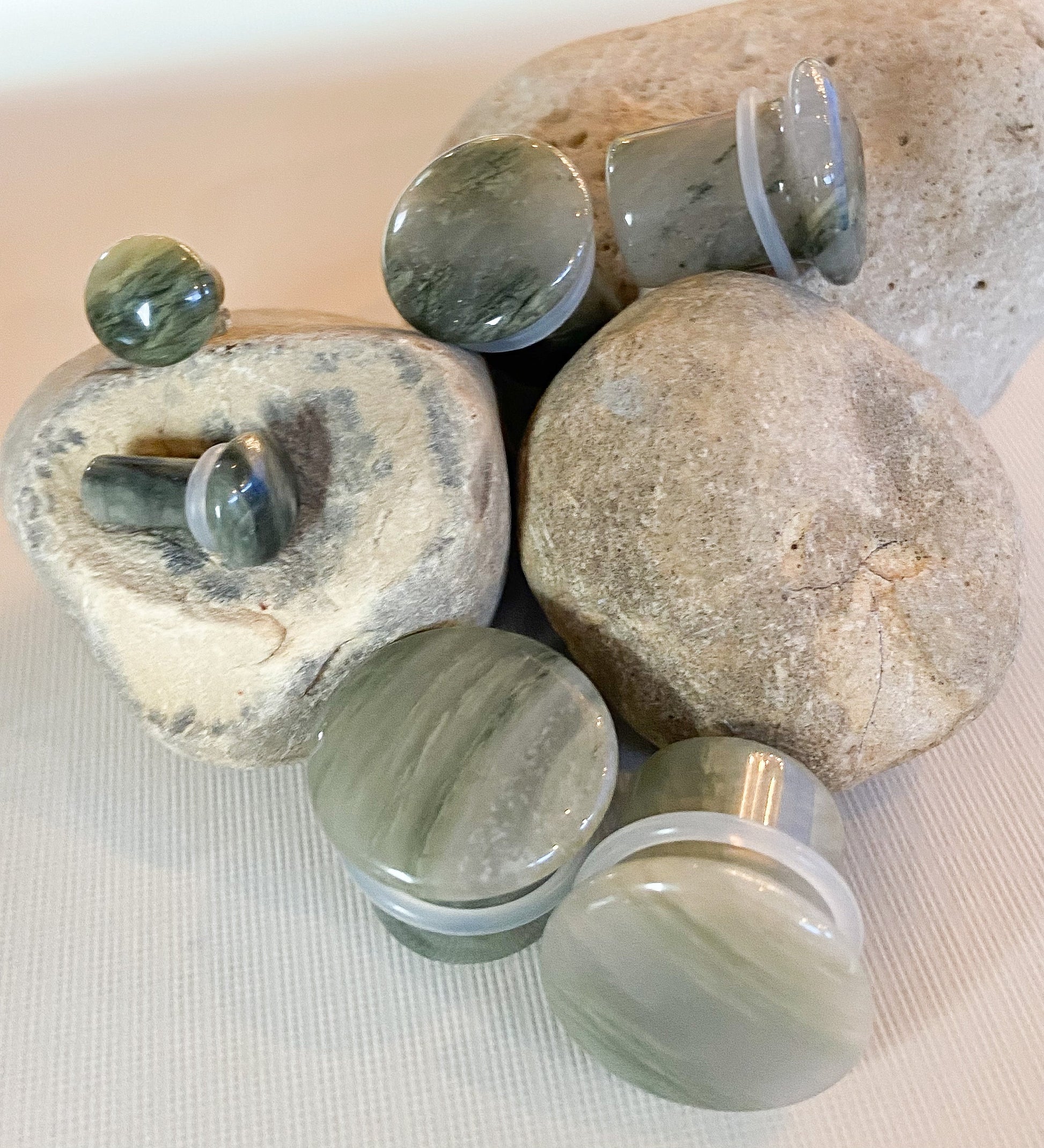 PAIR of Beautiful Organic Single Flare Green Jasper Stone Plugs with O-Rings - Gauges 4g (5mm) up to 5/8" (16mm) available!