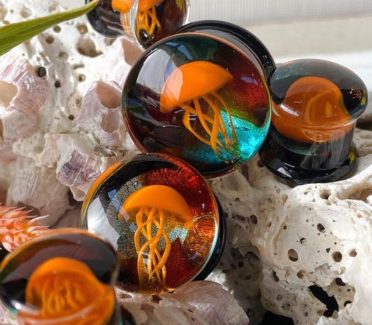 PAIR of Unique Floating Orange Jellyfish Pyrex Glass Double Flare Plugs -Gauges 0g (8mm) through 5/8" (16mm) available!