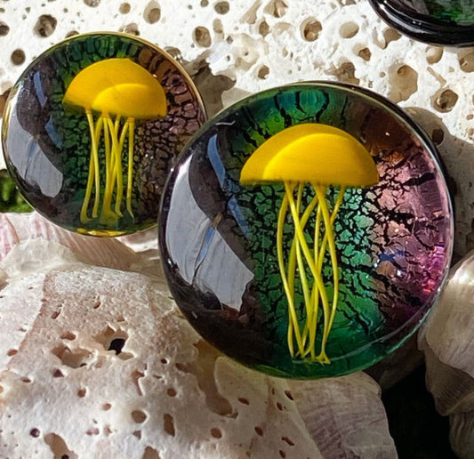PAIR of Beautiful Floating Yellow Jellyfish Pyrex Glass Double Flare Plugs -Gauges 0g (8mm) through 5/8" (16mm) available!