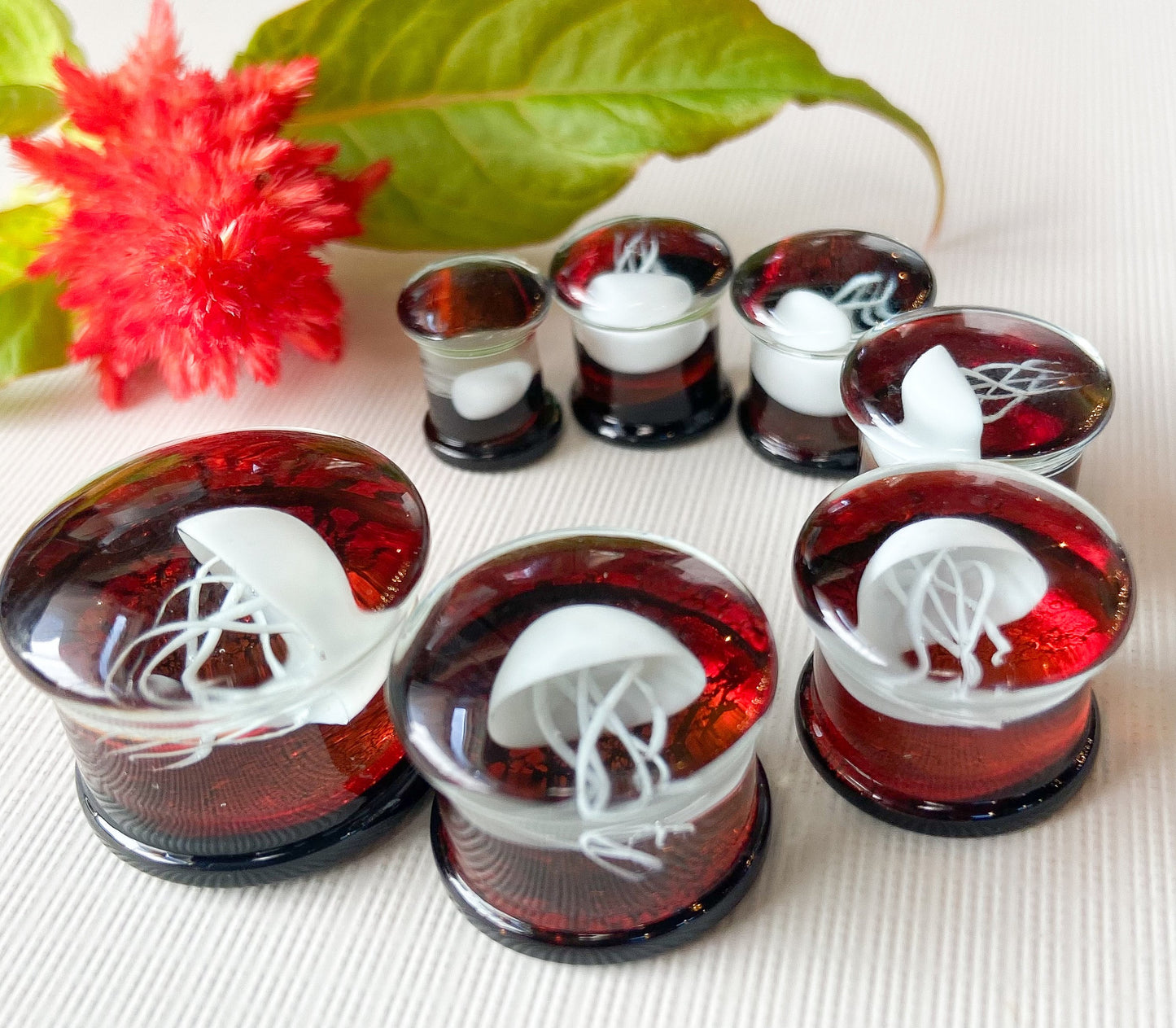 PAIR of White Jellyfish Red Background Pyrex Glass Double Flare Plugs -Gauges 0g (8mm) through 3/4" (19mm) available!