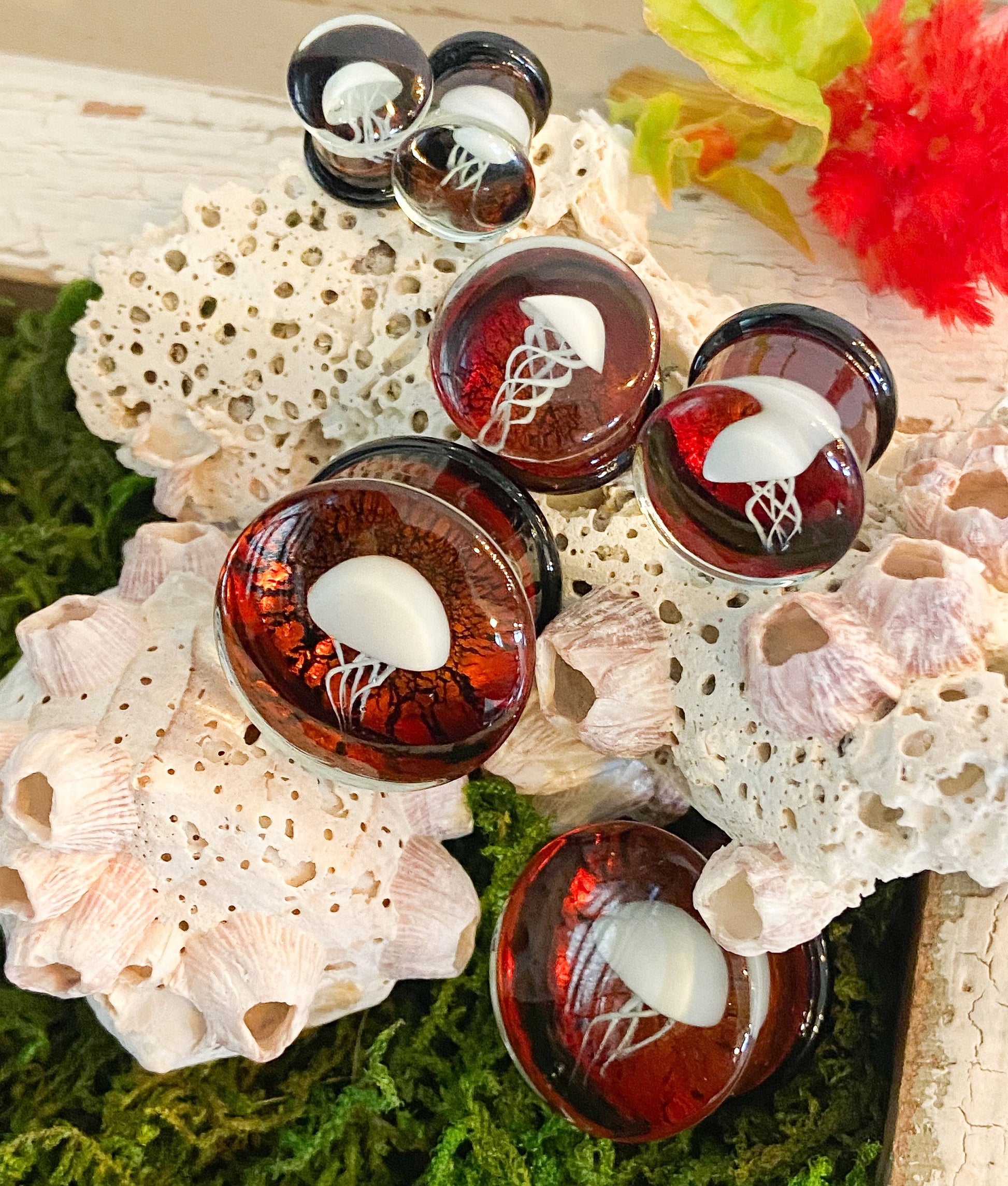 PAIR of White Jellyfish Red Background Pyrex Glass Double Flare Plugs -Gauges 0g (8mm) through 3/4" (19mm) available!