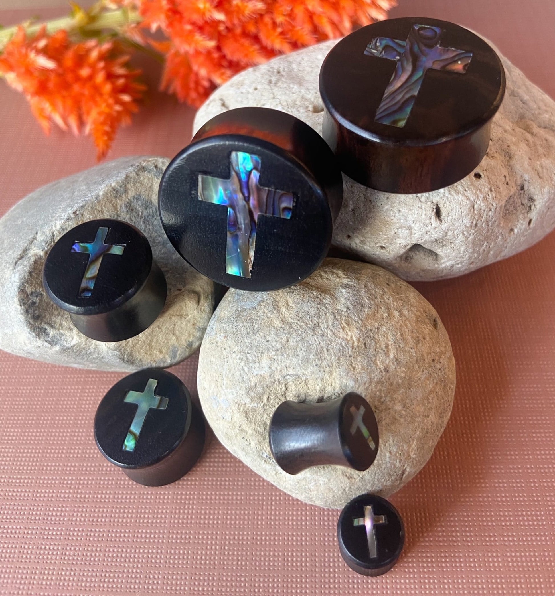 PAIR of Stunning Abalone Shell Cross Inlay Black Wood Saddle Plugs/Tunnels - Gauges 0g (8mm) thru 1" (25mm) available!