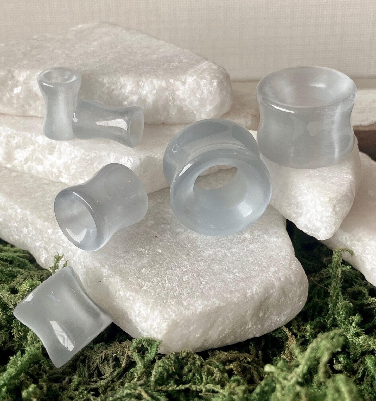 PAIR of Stunning Light Grey Cat Eye Double Flare Stone Tunnels /Plugs - Gauges 2g (6mm) up to 5/8" (16mm) available!