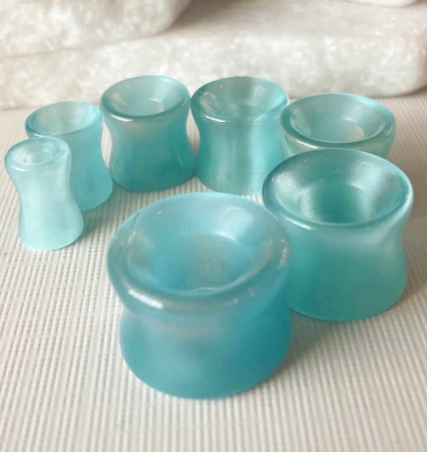 PAIR of Unique Teal Cat Eye Double Flare Stone Tunnels /Plugs - Gauges 2g (6mm) up to 5/8" (16mm) available!