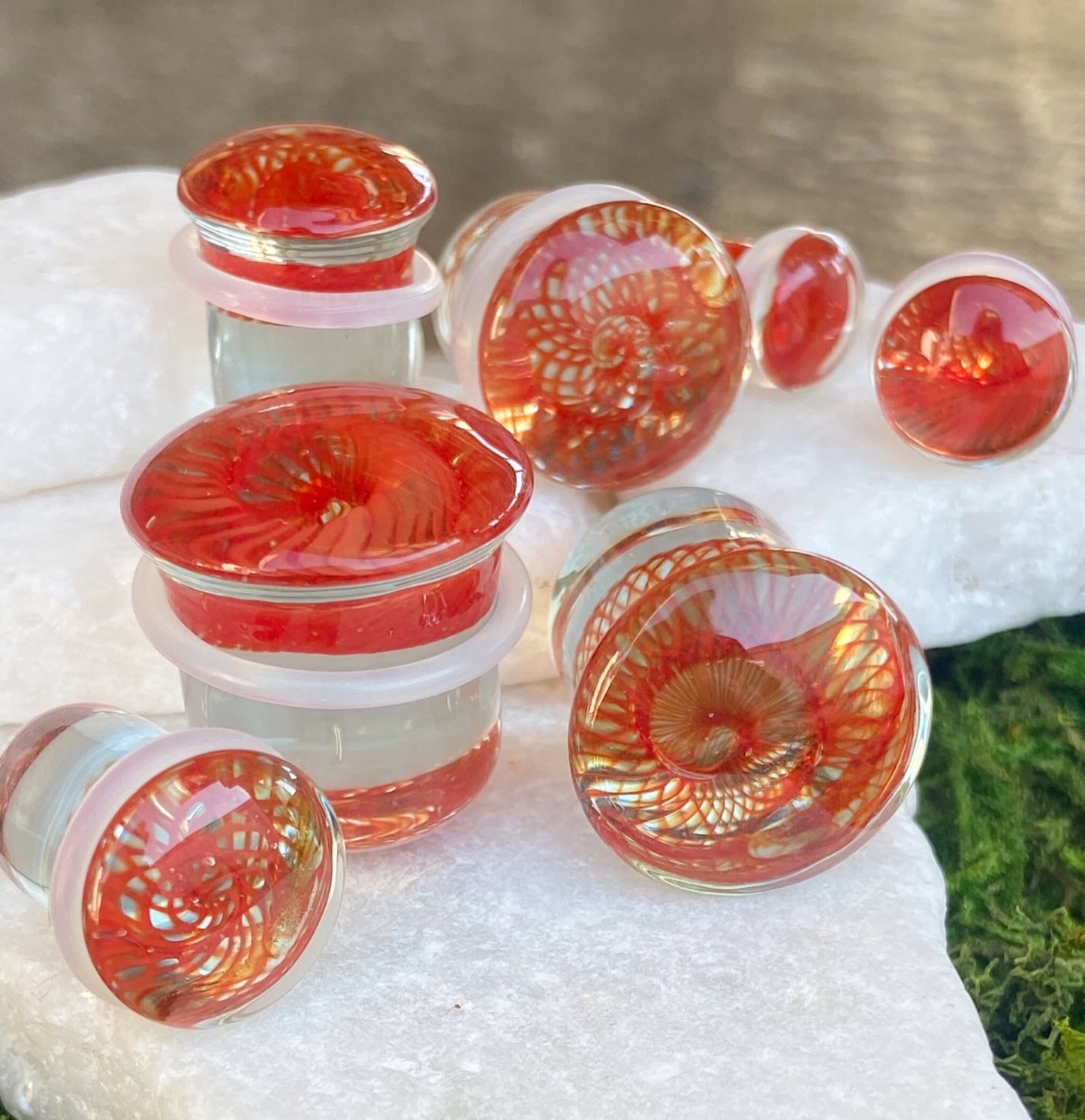 PAIR of Stunning Red Spiral Weave Design Pyrex Glass Single Flare Plugs with O-Rings - Gauges 2g (6mm) through 5/8" (16mm) available!