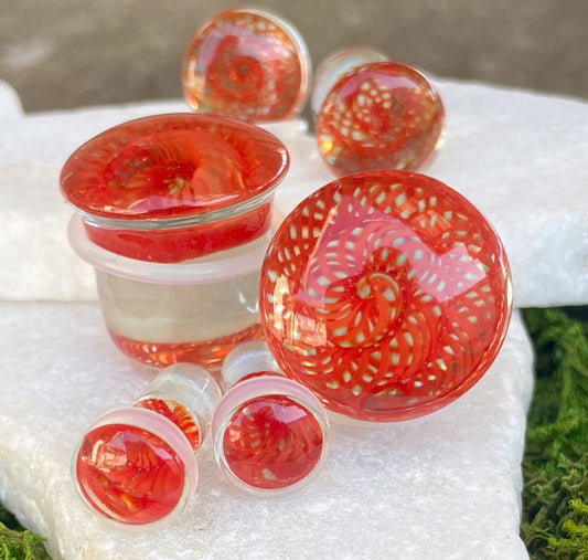 PAIR of Stunning Red Spiral Weave Design Pyrex Glass Single Flare Plugs with O-Rings - Gauges 2g (6mm) through 5/8" (16mm) available!