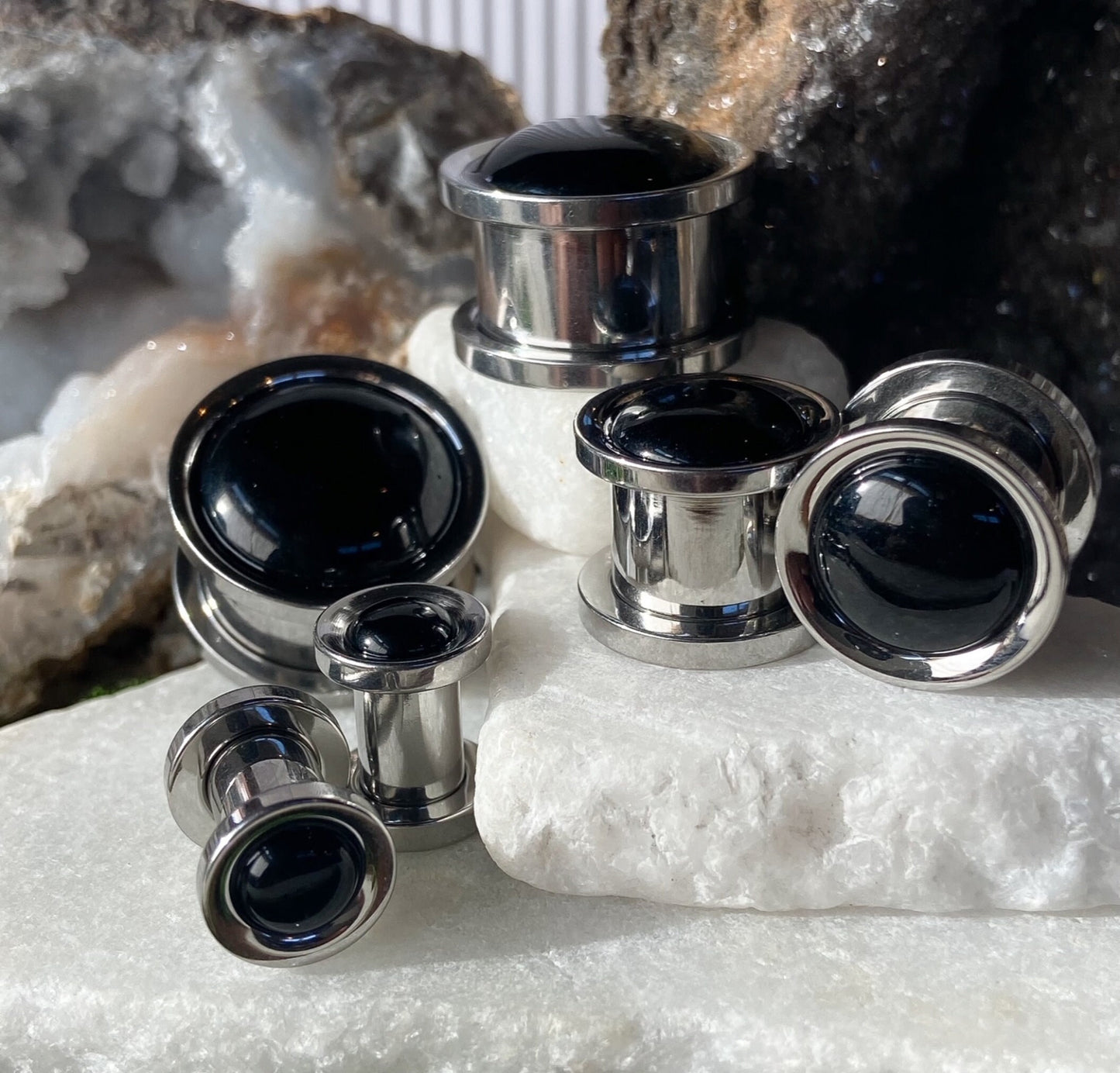 PAIR of Stunning Onyx Stone Dome Steel Screw Fit Tunnels/Plugs - Gauges 2g (6mm) thru 5/8" (16mm) available!