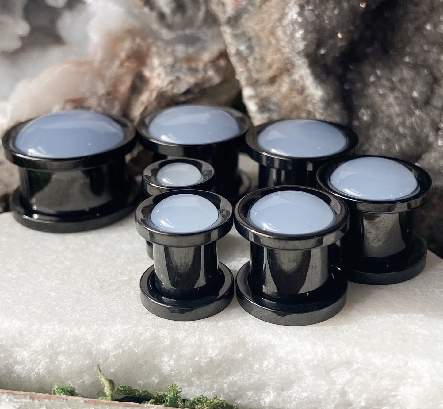 PAIR of Unique Light Blue Jade Stone Dome Black Steel Screw Fit Tunnels/Plugs - Gauges 2g (6mm) thru 5/8" (16mm) available!