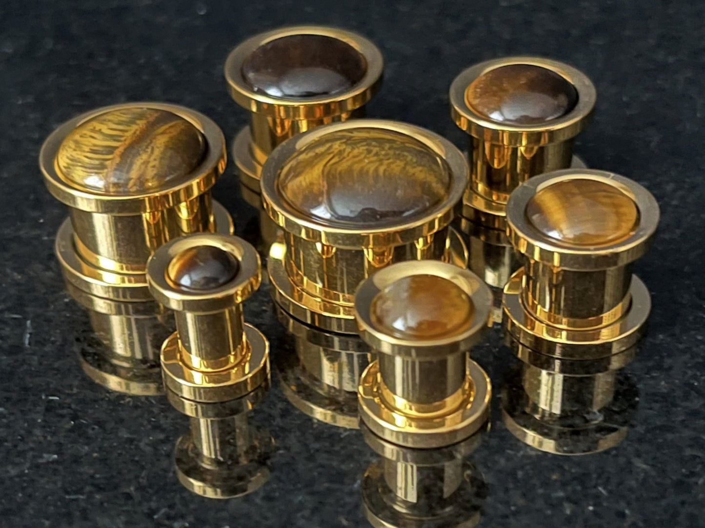 PAIR of Beautiful Tiger Eye Stone Dome Gold Steel Screw Fit Tunnels/Plugs - Gauges 2g (6mm) thru 5/8" (16mm) available!
