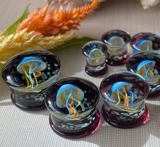 PAIR of Unique Glow in the Dark Floating Multi Color Jellyfish Glass Double Flare Plugs -Gauges 0g (8mm) through 3/4" (19mm) available!