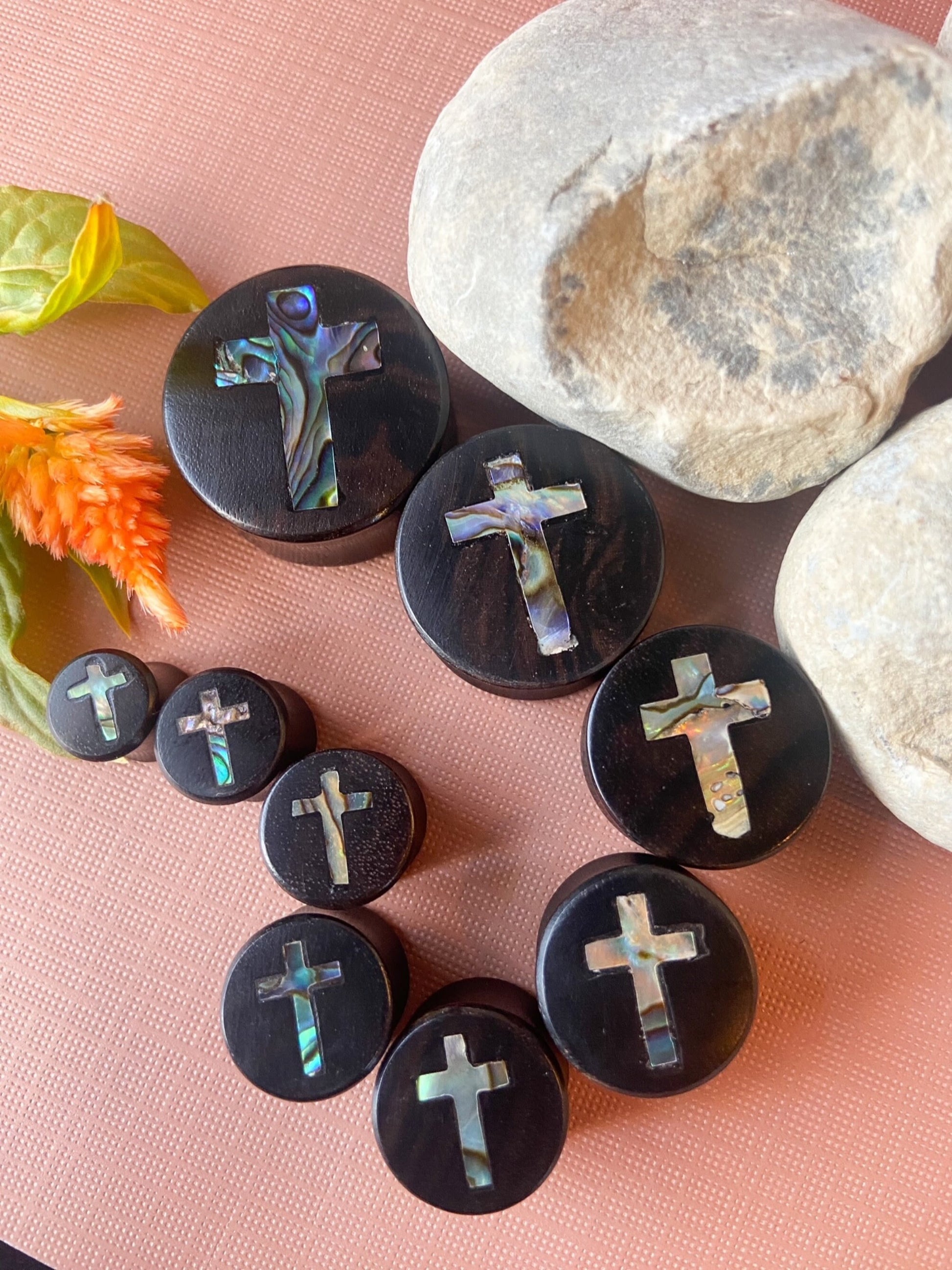 PAIR of Stunning Abalone Shell Cross Inlay Black Wood Saddle Plugs/Tunnels - Gauges 0g (8mm) thru 1" (25mm) available!
