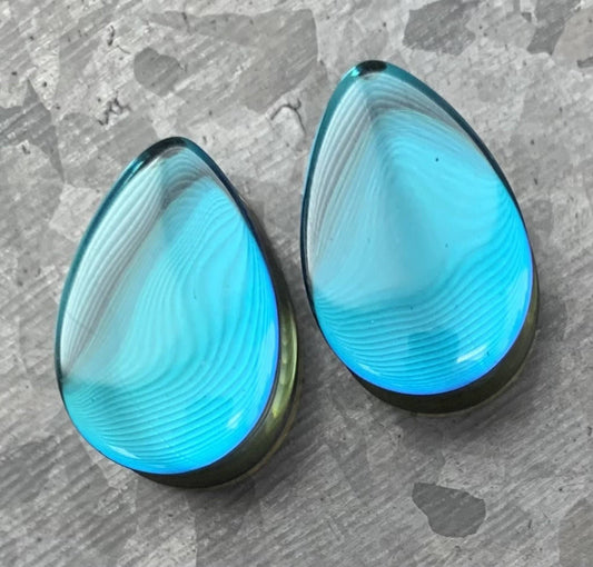 PAIR of Unique Midnight Moonstone Iridescent Double Flare Glass Teardrop Plugs - Gauges 2g (6mm) thru 1" (25mm) available!