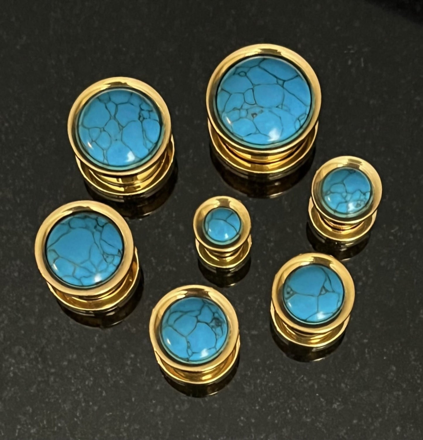 PAIR of Stunning Turquoise Stone Dome Gold Steel Screw Fit Tunnels/Plugs - Gauges 2g (6mm) thru 5/8" (16mm) available!