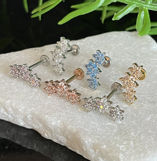 1 Piece Stunning Triple Gem Flowers 16g Internally Threaded Steel Labret - Sliver, Gold, Rose Gold and Aurora Borealis available!